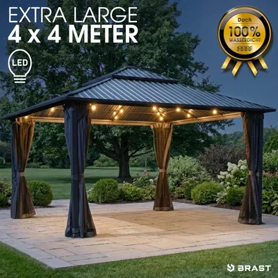 Produktbild von BRAST Pavillon Aluminium Miami | Größen 3x3m 3x4m 4x4m | viele Modelle | Hardtop mit Stahlach | wahlweise mit LEDs | Moskitonetz | Anthrazit | wasserdicht | UV-Schutz | 4x4m inkl. LEDs