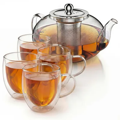 Produktbild von Arendo Teekanne 1,2 l in runder Form, Edelstahlsieb und 4 Thermogläsern 350 ml, doppelwandige Gläser mit Henkel, Glaskanne für losen Tee, 6 Teile, transparent und silberfarben