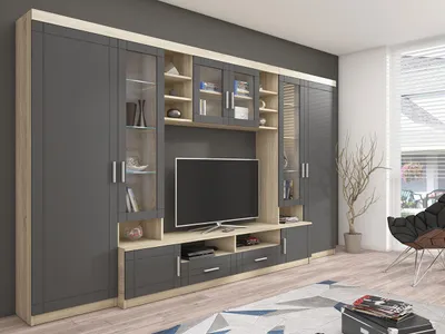 Produktbild von MIRJAN24 Wohnwand Paris, TV-Möbel, Anbauwand, Schrankwand, Wohnzimmer-Set (Sonoma Eiche / Graphit, mit weißer LED Beleuchtung)