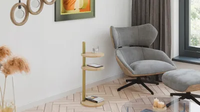 Zdjęcie produktu dla Stolik pomocniczy okrągły nowoczesny 3 poziomy 30x30x97 cm metalowy złoty