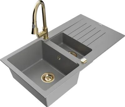 Produktbild von Mexen Matias 1,5-Becken-Granitspüle mit Abtropffläche und Mischbatterie Elia, Grau - 6502-71-670101-50