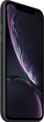 A black iPhone XR is shown from a side angle, with the screen displaying a colorful, abstract wallpaper.