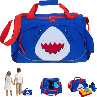 Produktbild von Sporttasche für Kinder Jungen Mädchen Kindersporttasche Elephant Kids Reisetasche klein 38 x 22 x 18 cm, 14 L, Sport Turnen Reise sportsbag Tiermotiv 360 Hai shark (Blau Rot) Fische