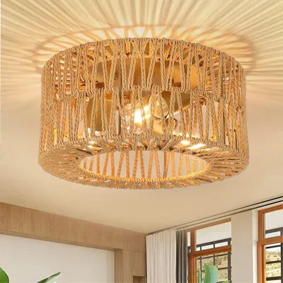 Produktbild von Deckenleuchte Rattan LED Deckenlampe Wohnzimmer Schlafzimmer, Boho Lampe Decke Hängend  Küchenlampe Vintage Küche Flur Esstisch Zimmer Lampe, Ø35cm