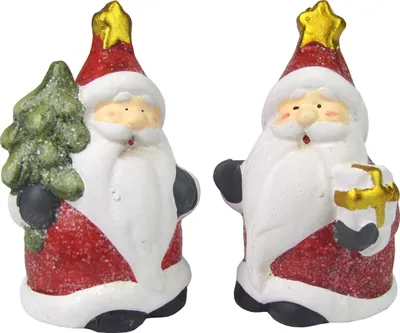 Produktbild von Weihnachtsfiguren - Weihnachtsdeko - 2er Set Dekofiguren aus Keramik, Handbemalt (Santa mit Baum und Paket)