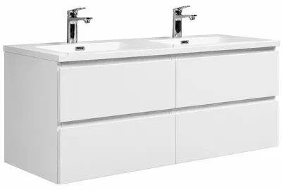 Produktbild von Badplaats Badmöbel Set mit Waschbecken und Unterschrank Angela 140 x 48 cm Weiß Hochglanz - Waschbeckenunterschrank mit Soft-Close und Doppelwaschbecken, Vorgemontiert