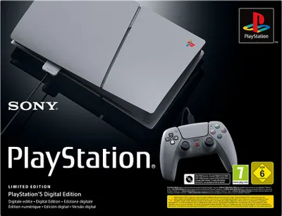 The image shows the packaging of a PlayStation 5 Digital Edition console and controller.