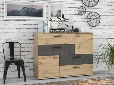 Produktbild von Sideboard >Skive< 4 Schubladen, 2 Türen, in Betonoptik / Artisan Eiche Nachbildung - 124,9x95,9x41,3cm B/H/T