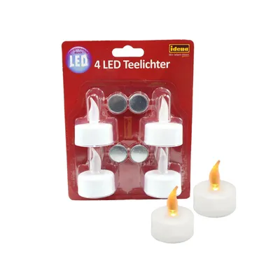 A package of four LED tealights with batteries, with two tealights shown outside the package.
