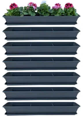 Produktbild von 6er Blumenkasten Set Balkonkasten Pflanzkasten Anthrazit mit Bewässerungssystem und Balkonkasten Untersetzer 80cm