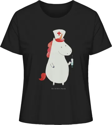 Produktbild von Mr. & Mrs. Panda Baumwoll T-Shirt Damen Einhorn Krankenschwester Größe S - Schwarz - Geschenk, Ärztin, Krankenhaus, Krankenpfleger, Oberteil, Krankenpflegerin, Unicorn