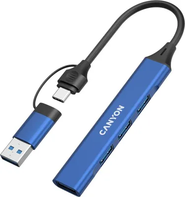 Obrázok produktu pre Canyon DS-02, USB-C Hub, 4 porty, 3xUSB 2.0 480Mbps, 1xUSB 3.0, 5Gbps, USB-C/USB-A adaptér, modrá