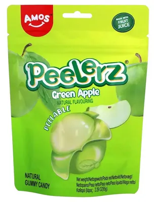 Productafbeelding van Amos Peelerz Gummies, groene appel smaak met een fruitige vulling, 65g