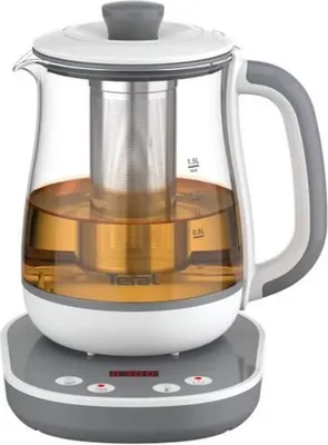 Zdjęcie produktu dla TEFAL Tastea Czajnik | BJ551B10 | Czajnik do herbaty | 1400 W | 1,5 L | Szkło | Obrotowa podstawa 360° | Szary/Biały