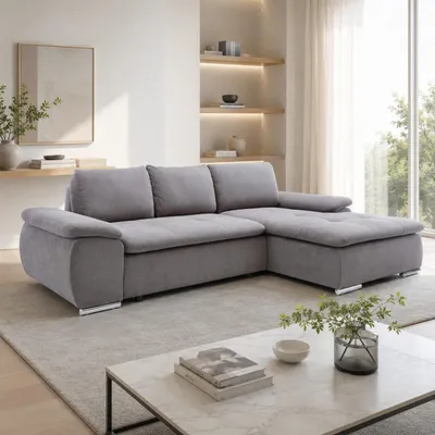 Produktbild von GOLDSTOFF BREVIA Ecksofa L-Form 130×210 cm | Ecksofa mit Schlaffunktion und Bettkasten | Modernes Schlafsofa | Bettsofa (Grau)
