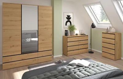 Image de Ensemble de chambre à coucher Naxos : armoire, commode à tiroirs, 3 pièces, chêne artisan noir mat