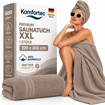 Produktbild von Komfortec Saunatuch 100x200 cm XXL, 100% Baumwolle, 500 g/m², extra große und weiche Duschtücher, saugstark & schnelltrocknend, Taupe