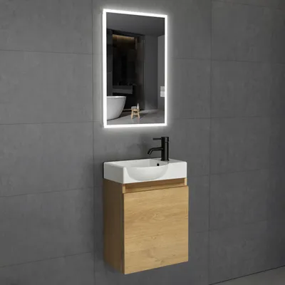 Produktbild von Alpenberger Waschbecken mit Unterschrank Gäste WC 45 cm LED Spiegel Kleiner Waschtisch mit Unterschrank hängend & LED Spiegel 45x70 cm Touch: Keramik, MDF, Soft-Close Tür, Überlauf – Gäste WC