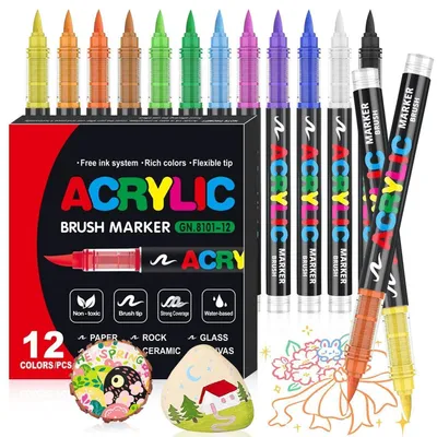 Produktbild von Acrylstifte Set 12 Farben Wasserfest 1-5mm Pinsel Marker für Stein Holz Glas Stoff