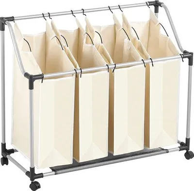Zdjęcie produktu dla Torba na pranie z 4 przegrodami, kosz na pranie z uchwytami i kółkami, składana szuflada na pranie, wyjmowane worki, ok. 96 x 39 x 82 cm