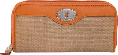 Zdjęcie produktu dla Portfel damski Fossil Wmns Skórzany portfel z kluczem na zamek błyskawiczny, płócienny, pomarańczowy