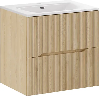 Produktbild von Waschtisch mit 60 cm Breite in Eiche, mit 2 Schubladen, Rillenoptik und eingelassenem Waschbecken - NARPIO-56