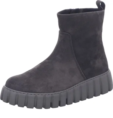 A single gray suede boot with a thick, lugged sole is shown against a white background.