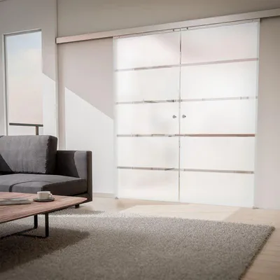Produktbild von Tür doppelflügelige Schiebetür Glas Blockstreifen 1760x2035 Zimmertür Glasschiebetür -  Griffknopf+2seitiger Softclose