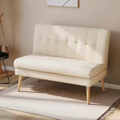 Produktbild von SUGIFT 2-Sitzer-Sofa mit getufteter Rückenlehne, Zweisitzer Couch, Leinenoptik, Beige | 118 x 68 x 90 cm | Kautschukholz-Beine
