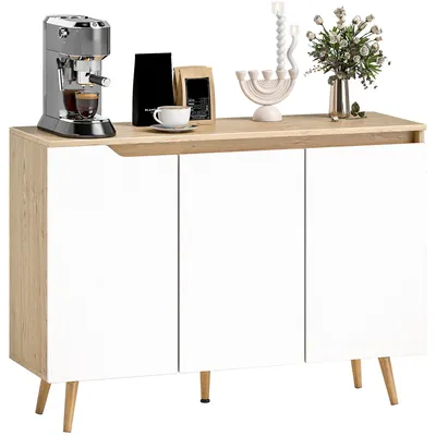 Produktbild von Wohnzimmer-Sideboard, Aufbewahrungsm?bel, 3 Tš¹ren, verstellbare Einlegeb?den und Beine aus Gummibaumholz, 107 x 35 x 76,5 cm, wei? und eiche