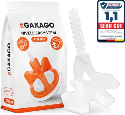 Produktbild von Gakago Fliesen Nivelliersystem 200 Gewindelaschen 2mm - Verlegehilfe für ein perfektes Fugenbild - Überlegende Reichweite für Fliesenstärken 3-18mm Fliesenschutz durch Schon Unterlegscheiben