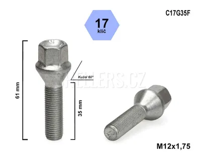 Obrázek produktu pro Kolový šroub M12x1,75x35mm kužel, klíč 17, C17G35F, VOLVO výška 61 mm