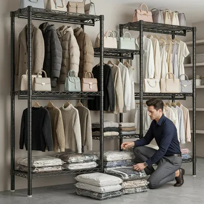 Image de Porte-vêtements autoportant - Noir - Métal - 5 barres - 80x45x24 cm - Rangement pour vêtements, Image générée par une IA
