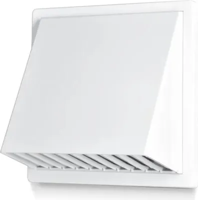 A white ventilation grille with a hood is shown against a white background.