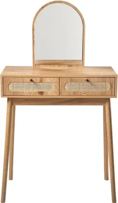 Produktbild von CALICOSY - Schminktisch mit Spiegel und 2 Schubladen mit Rattanfronten, Breite 80 cm - ALIA