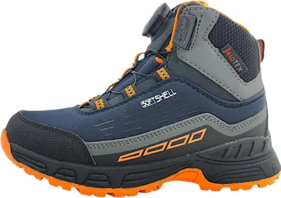 A side view of a single blue and gray children's boot with orange accents.