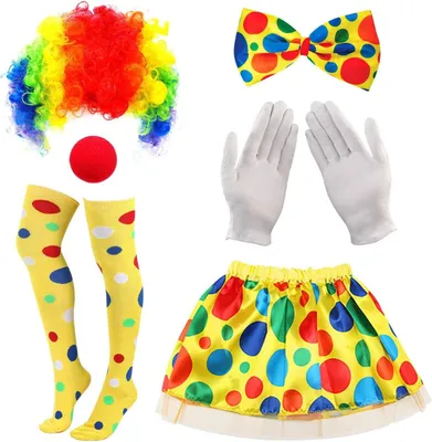 Imagen del producto de Conjunto de disfraz de payaso de 6 piezas, que incluye: peluca de colores, minifalda, medias hasta la rodilla, ideal para carnaval