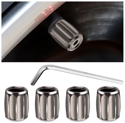Productafbeelding van Unyqoos® set van 4 ventieldopjes voor banden – bescherming tegen diefstal en stofafstotend, metaallegering, 11x14 mm, titanium, zwart/zilver/rood/kleurrijk