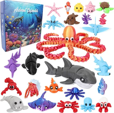 Productafbeelding van Adventskalender Met Zeedieren - 24 Beweegbare Fidget-Figuurtjes Van Zeedieren - Kerstaftelling