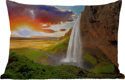 Produktbild von MuchoWow® Outdoor Kissen - Wasserfall - Felsen - Sonnenuntergang - Berge - Orange - 60x40 cm - Wetterfest - Lounge Kissen - Zierkissen - Kissen für Innenräume