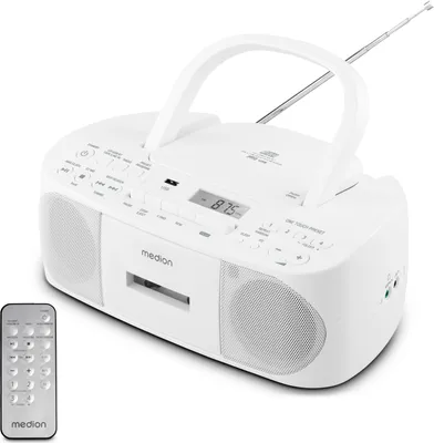 Produktbild von MEDION E65010 Stereoradio (CD-Player, Kassette, USB Anschluss, AUX Audioeingang, MP3-Widergabe. UKW PLL Radio,40 Senderspeicher, Batteriebetrieb, Fernbedienung) weiß