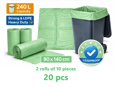 Imagen del producto de Bolsas de basura verdes, de 240 litros, 90 x 140 cm, paquete de 20 unidades, para la gestión de residuos