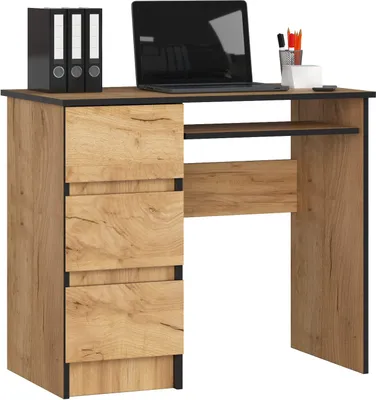 Immagine prodotto di BDW, scrivania per computer con 3 cassetti, cassetto per tastiera, 90x77x50 cm, rovere artigianale (a sinistra)