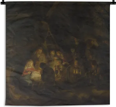 Produktbild von MuchoWow® Wandteppich Wandbehang Anbetung der Hirten - Gemälde von Rembrandt van Rijn 150x150 cm Tapisserie Dekoration Wandtuch - Wohnaccessoires - Modernes
