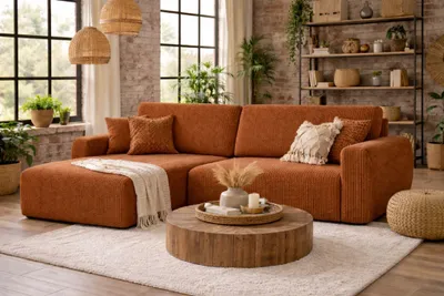 Image de Canapé d'angle   avec fonction couchage et coffre de rangement, canapé moderne Ariel en velours côtelé, tissu Poso, cuivre, gauche