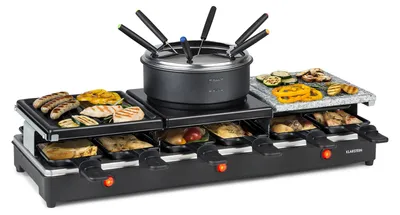 Produktbild von Klarstein Fonduelette XL - 3-in-1 Raclette-Grill & Fondue, 1650 Watt, 3-in-1 Grill: Metall- /Naturstein-/Crêpesplatte, 3 separate Edelstahl-Heizelemente, bis 12 Personen, Antihaftbeschichtung, schwarz