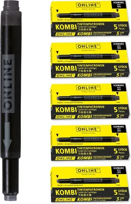 Produktbild von ONLINE-kompatible LAMY-Tintenpatronen, schwarz - Set mit 25 Stück - Auch geeignet für Pelikan, Stabilo usw. - Universelle Tintenpatronen