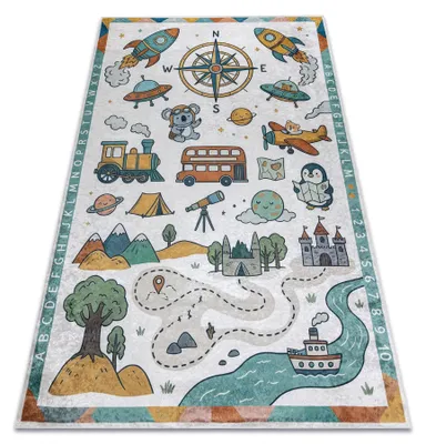 Immagine prodotto di Tappeto lavabile BAMBINO 61420 Viaggio, alfabeto, numeri, per bambini antiscivolo - crema / verde beige 120x170 cm