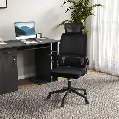 Zdjęcie produktu dla Krzesło biurowe Vinsetto, ergonomiczne krzesło biurowe z regulowanym zagłówkiem, podparciem lędźwiowym, podłokietnikiem, regulacją wysokości, funkcją bujania, tapicerką siatkową, krzesło komputerowe, czarne