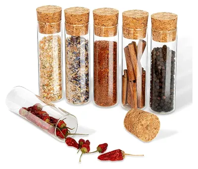 Produktbild von 6 Gewürzgläser mit Korken (dunkelbraun), kleine Glasfläschchen für Gewürze (70 x Ø30 mm)